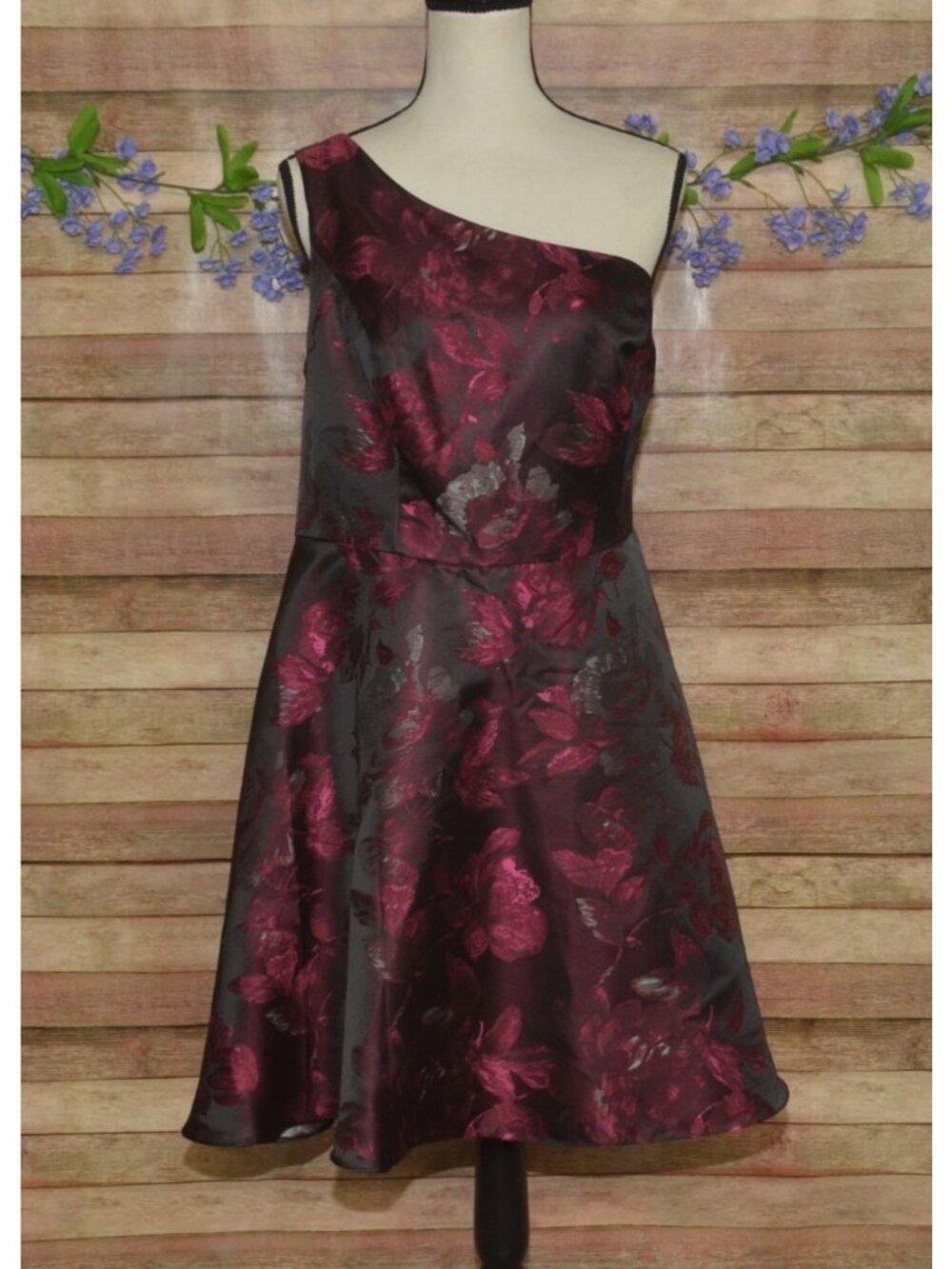 NWT DB Studio Size 18 One Shoulder Burgundy Floral Jacquard Fit & Flare Dress